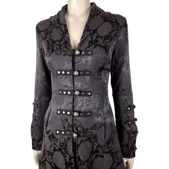 Hearts & Roses Black Gothic Victorian Steampunk Brocade Corset Back Coat Size 4 - Picture 9 of 16